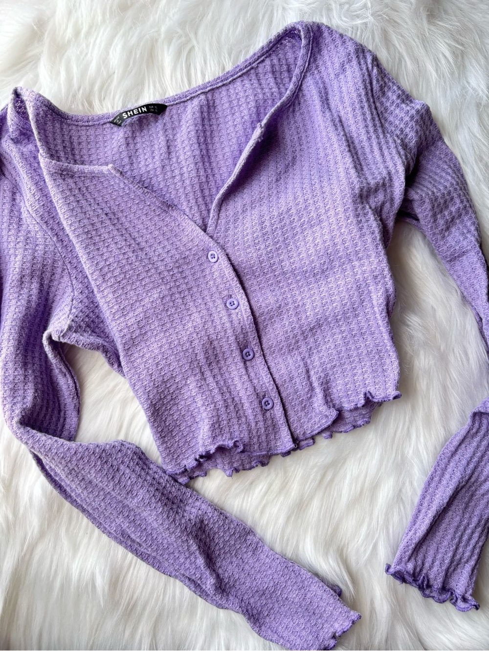 Lilac Waffle-Knit Button Crop Top